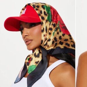 Fashion Nova Red Cap with Leopard Print Scarf